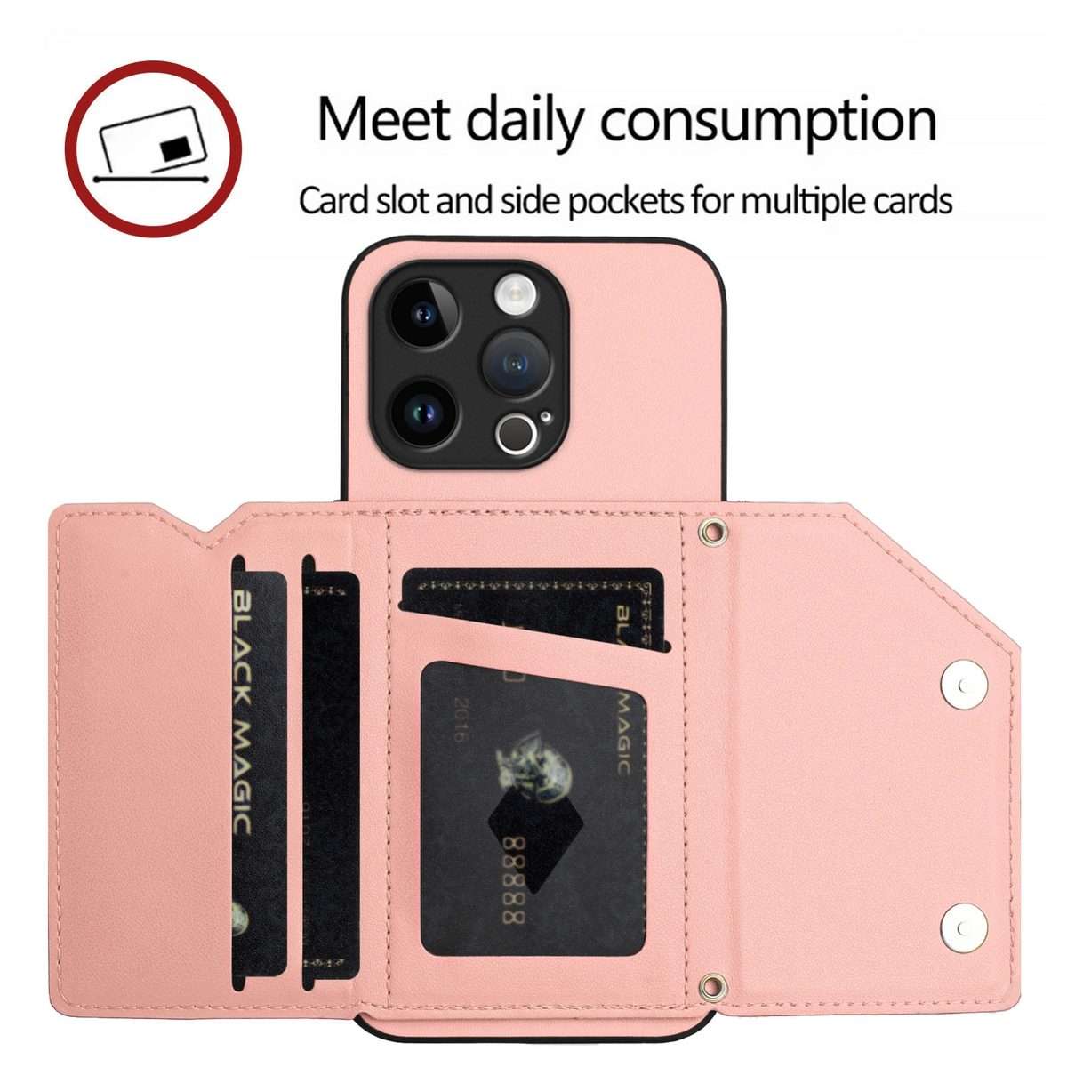 For iPhone 13 Pro Skin Feel Four Card Slots Phone Case with Wrist Strap(Pink)