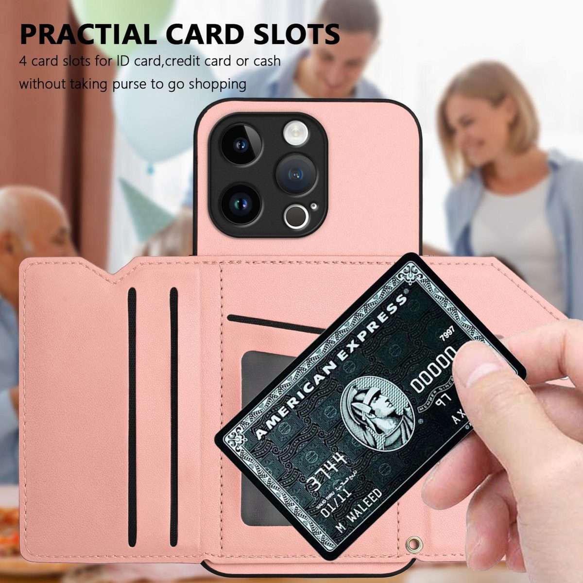 For iPhone 13 Pro Skin Feel Four Card Slots Phone Case with Wrist Strap(Pink)