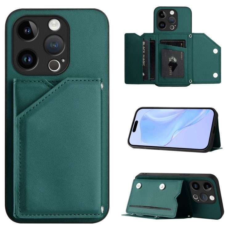 For iPhone 14 Pro Skin Feel Four Card Slots Phone Case with Wrist Strap(Green)