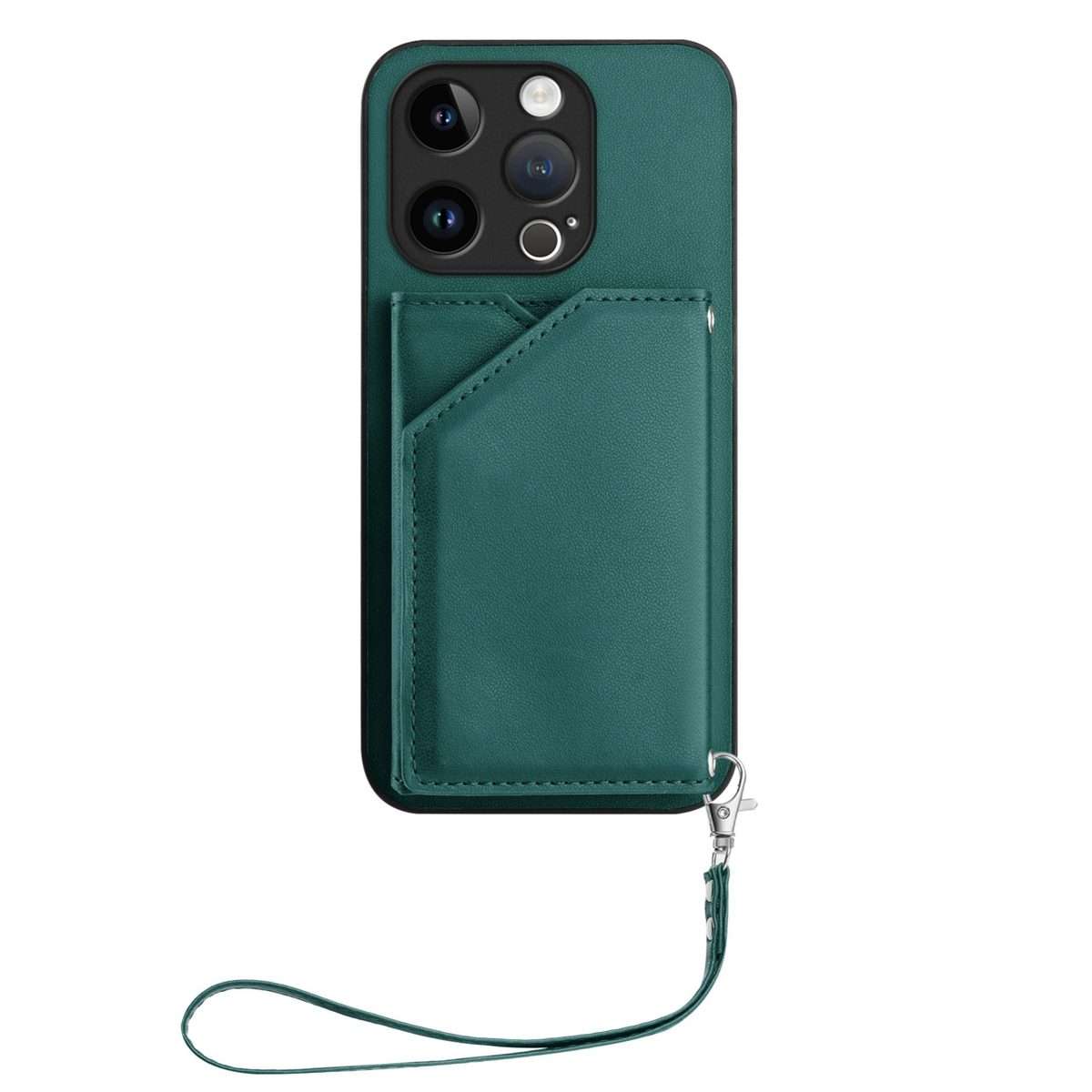 For iPhone 14 Pro Skin Feel Four Card Slots Phone Case with Wrist Strap(Green)