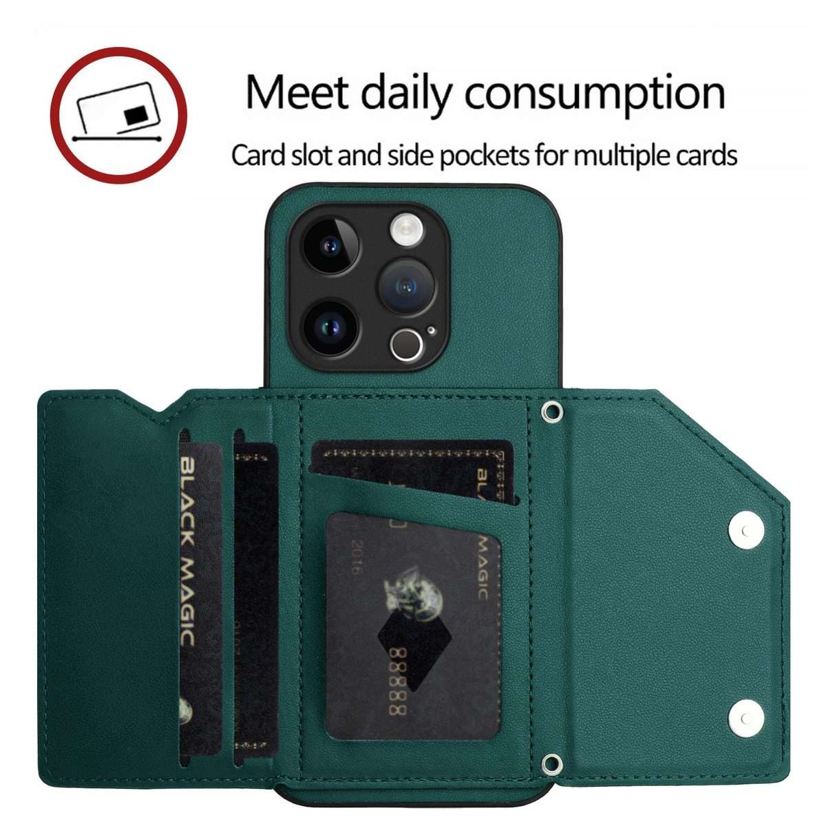 For iPhone 14 Pro Skin Feel Four Card Slots Phone Case with Wrist Strap(Green)