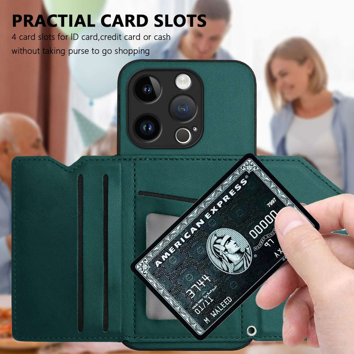 For iPhone 14 Pro Skin Feel Four Card Slots Phone Case with Wrist Strap(Green)