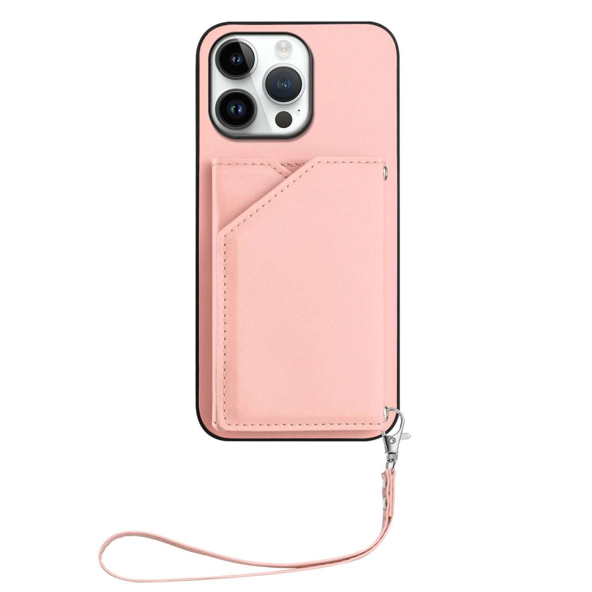 For iPhone 16 Pro Max Skin Feel Four Card Slots Phone Case with Wrist Strap(Pink)