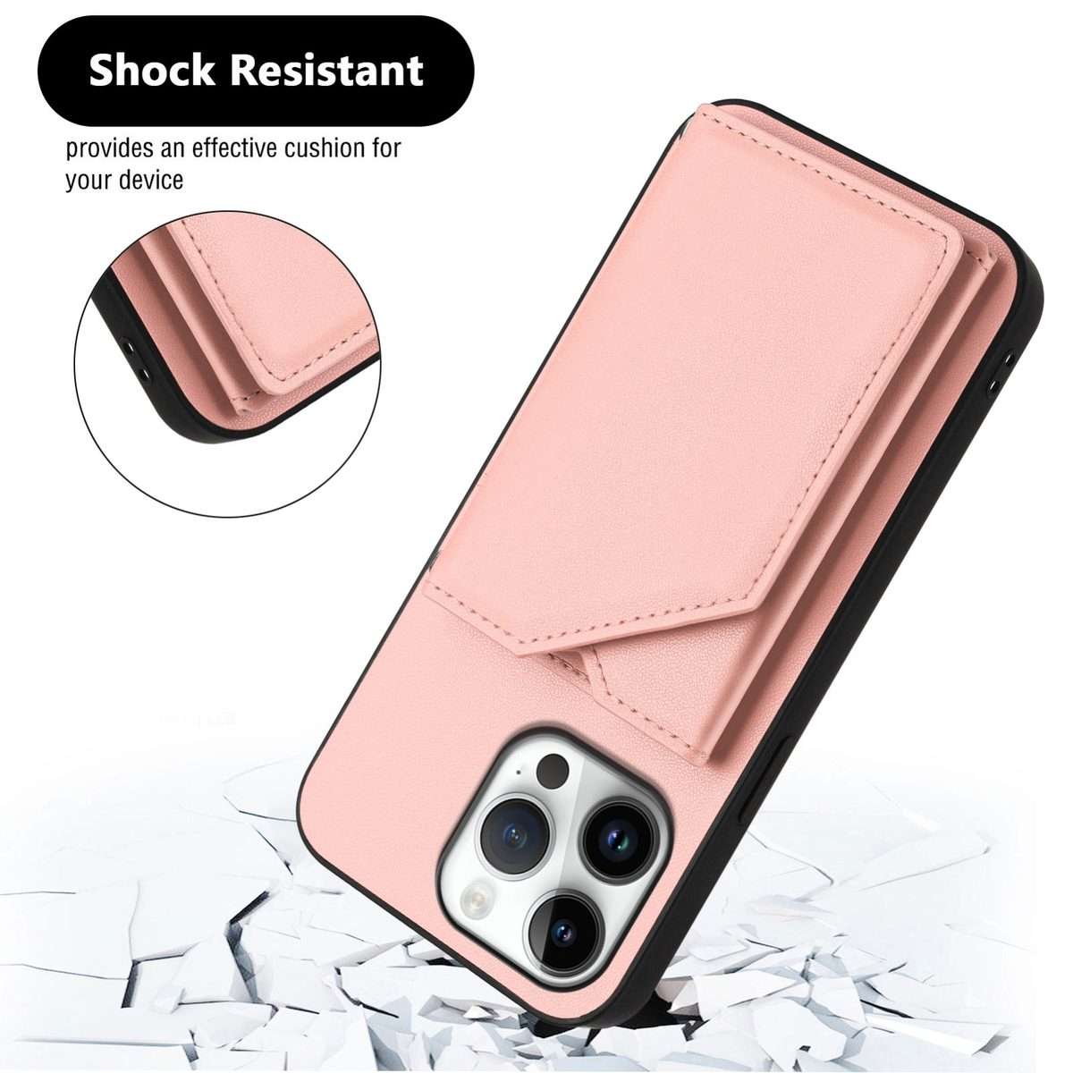 For iPhone 16 Pro Max Skin Feel Four Card Slots Phone Case with Wrist Strap(Pink)