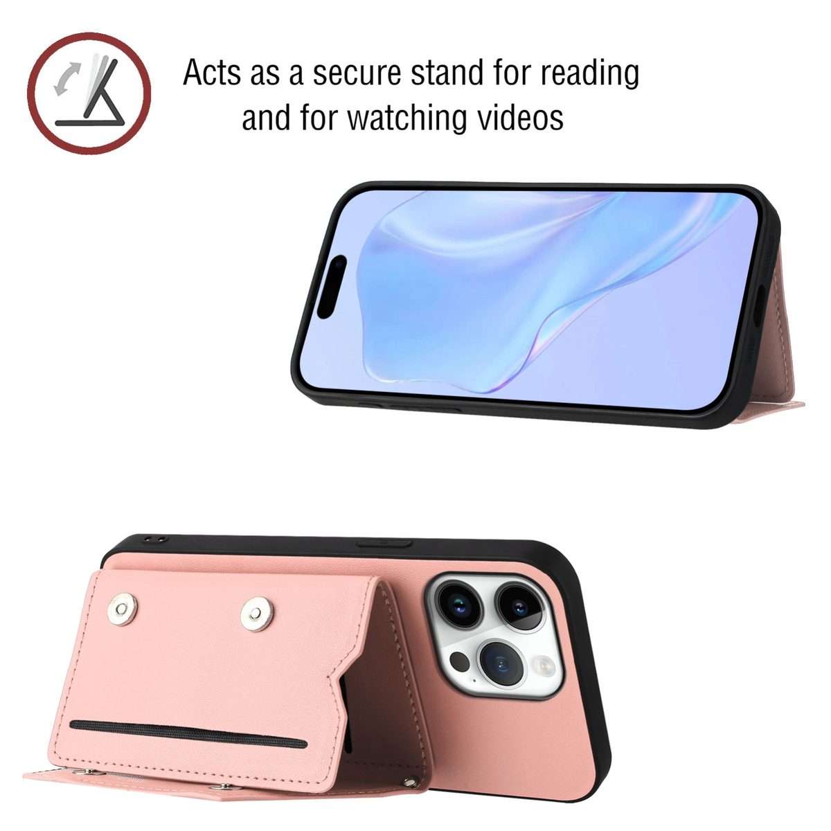For iPhone 16 Pro Max Skin Feel Four Card Slots Phone Case with Wrist Strap(Pink)