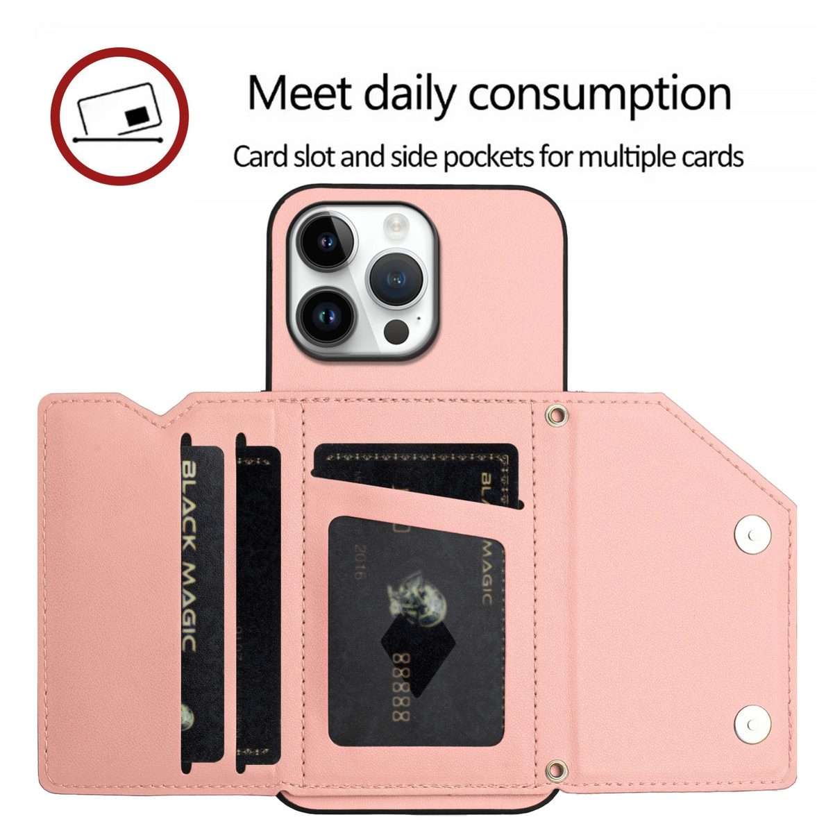For iPhone 16 Pro Max Skin Feel Four Card Slots Phone Case with Wrist Strap(Pink)