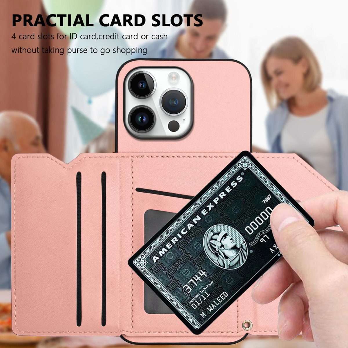 For iPhone 16 Pro Max Skin Feel Four Card Slots Phone Case with Wrist Strap(Pink)