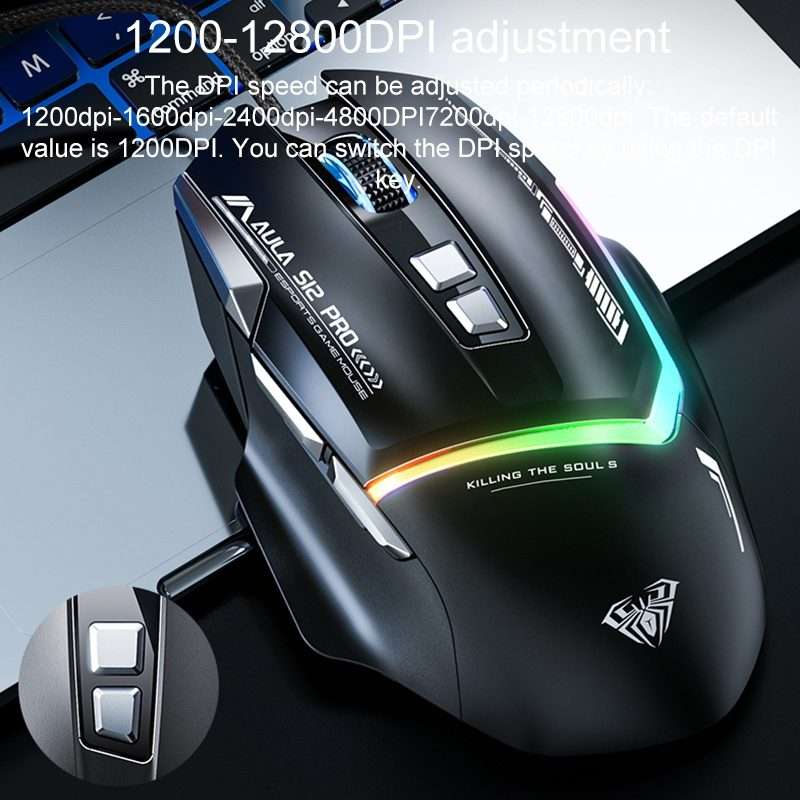 AULA S12 Pro 12800DPI Wired RGB Gaming Mouse(Black)