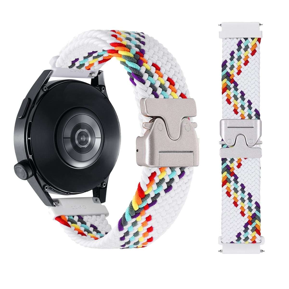 22mm Snap Button Nylon Braided Watch Band(White Rainbow)