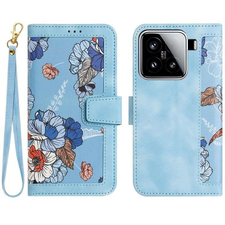 For Xiaomi 15 Pro Floral Pattern Leather Phone Case with Lanyard(Light Blue)