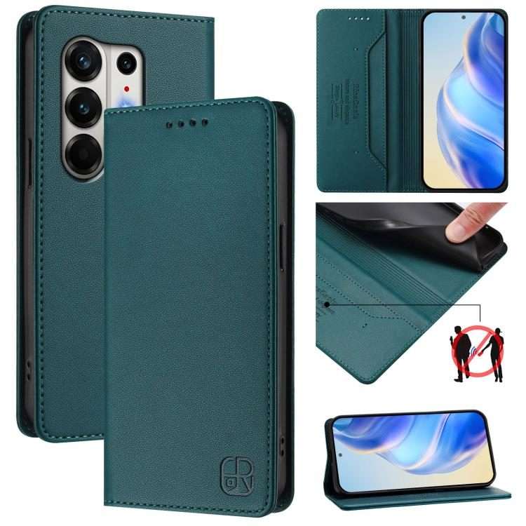 For Tecno Camon 50 Pro 4G RC01 Dual-Folded Magnetic Suction RFID Leather Phone Case(Dark Green)
