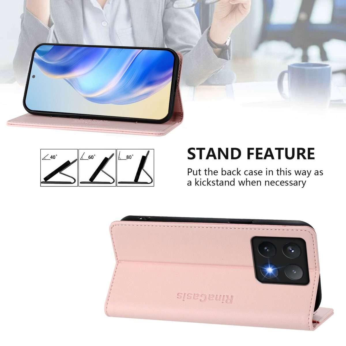 For Xiaomi 14T Pro RC01 Dual-Folded Magnetic Suction RFID Leather Phone Case(Pink)