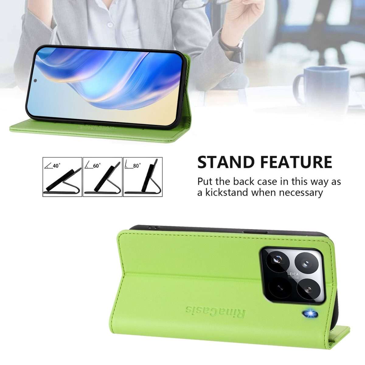For Xiaomi 15 Pro RC01 Dual-Folded Magnetic Suction RFID Leather Phone Case(Grass Green)