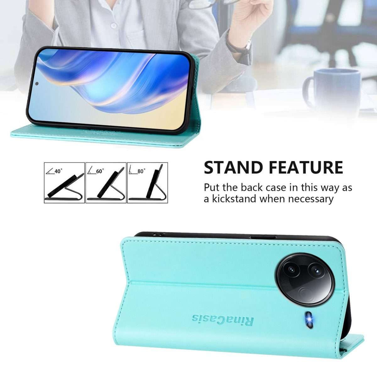 For Redmi K80 / K80 Pro RC01 Dual-Folded Magnetic Suction RFID Leather Phone Case(Mint Green)