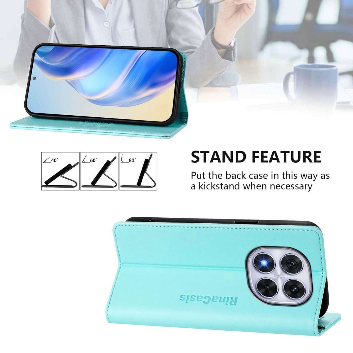For Redmi Note 14 Pro 4G RC01 Dual-Folded Magnetic Suction RFID Leather Phone Case(Mint Green)