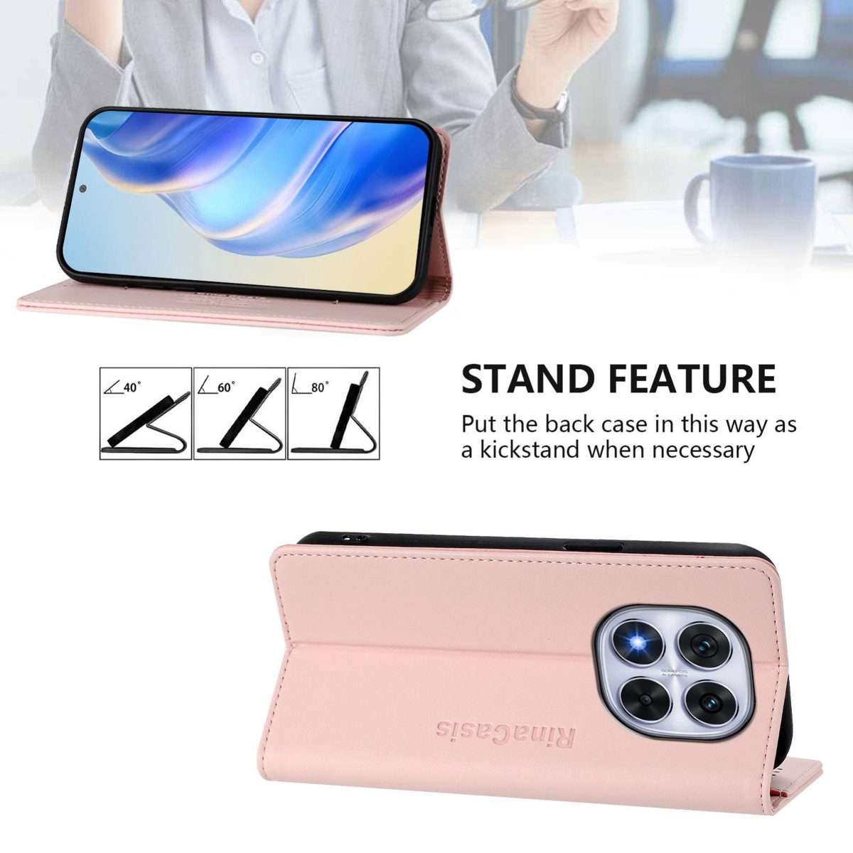 For Redmi Note 14 Pro 4G RC01 Dual-Folded Magnetic Suction RFID Leather Phone Case(Pink)