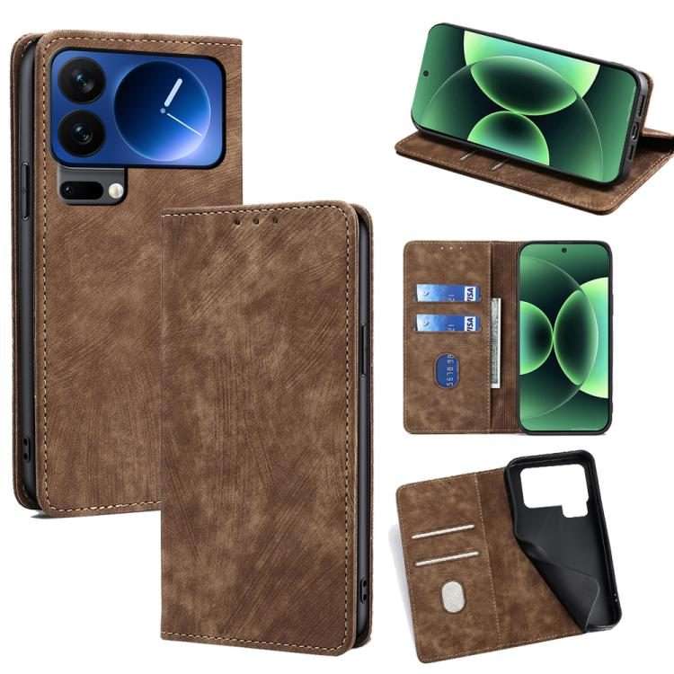 For Xiaomi 17 Pro RFID Anti-theft Brush Magnetic Leather Phone Case(Brown)
