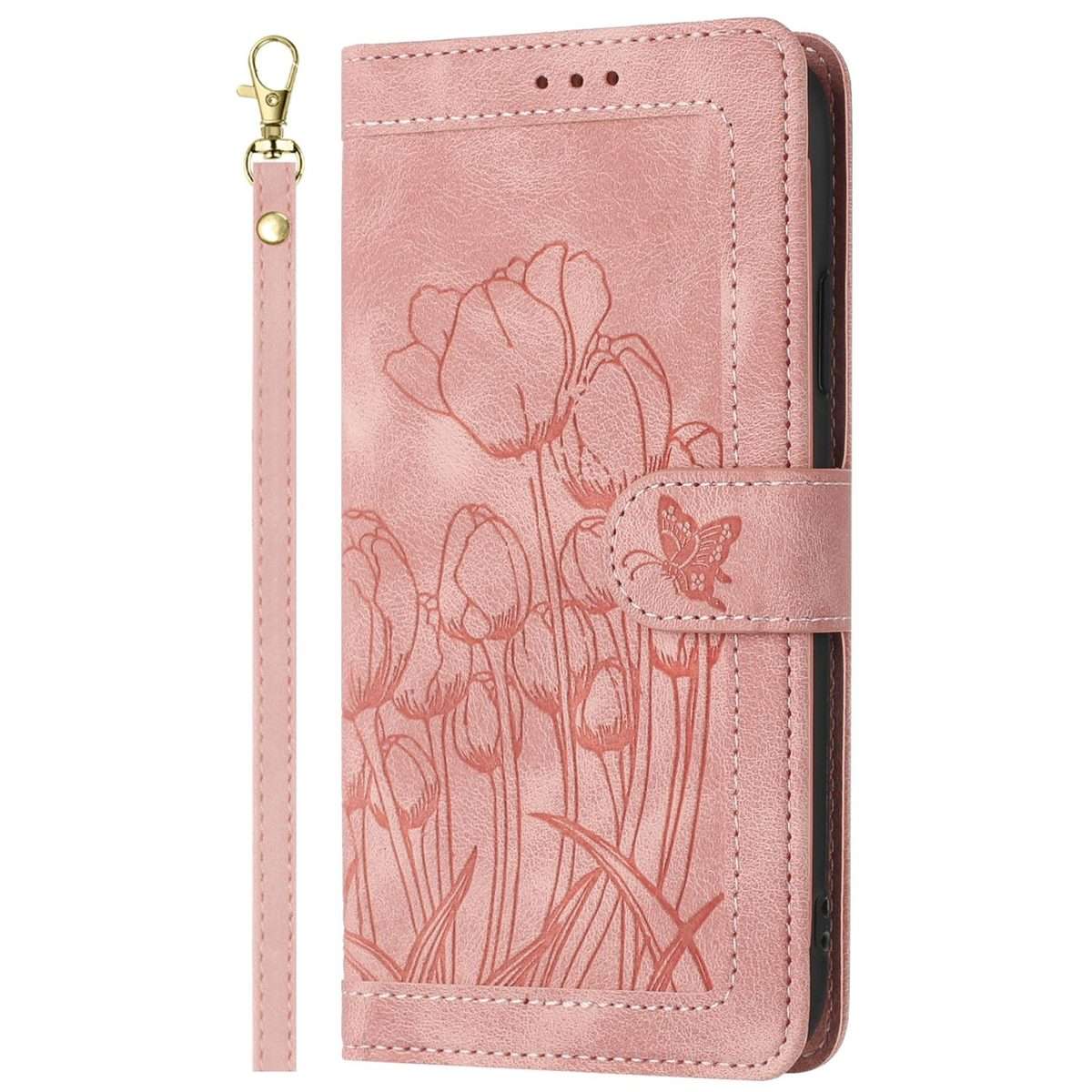 For Redmi Note 14 Pro+ 5G Tulips Embossed Leather Phone Case with Lanyard(Pink)
