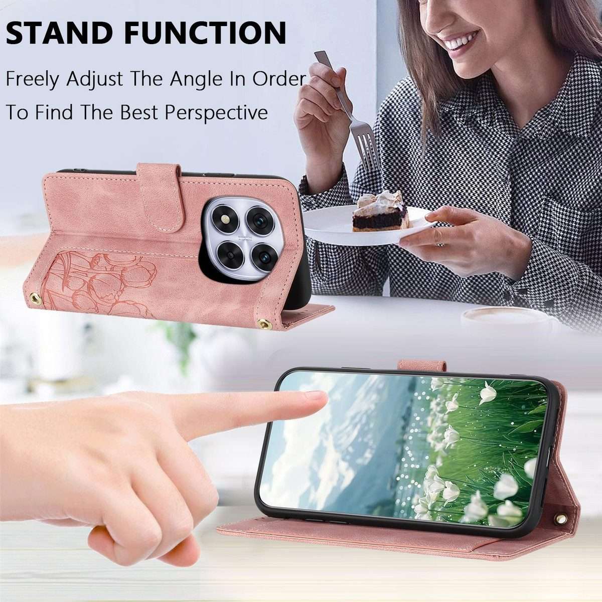 For Redmi Note 14 Pro+ 5G Tulips Embossed Leather Phone Case with Lanyard(Pink)
