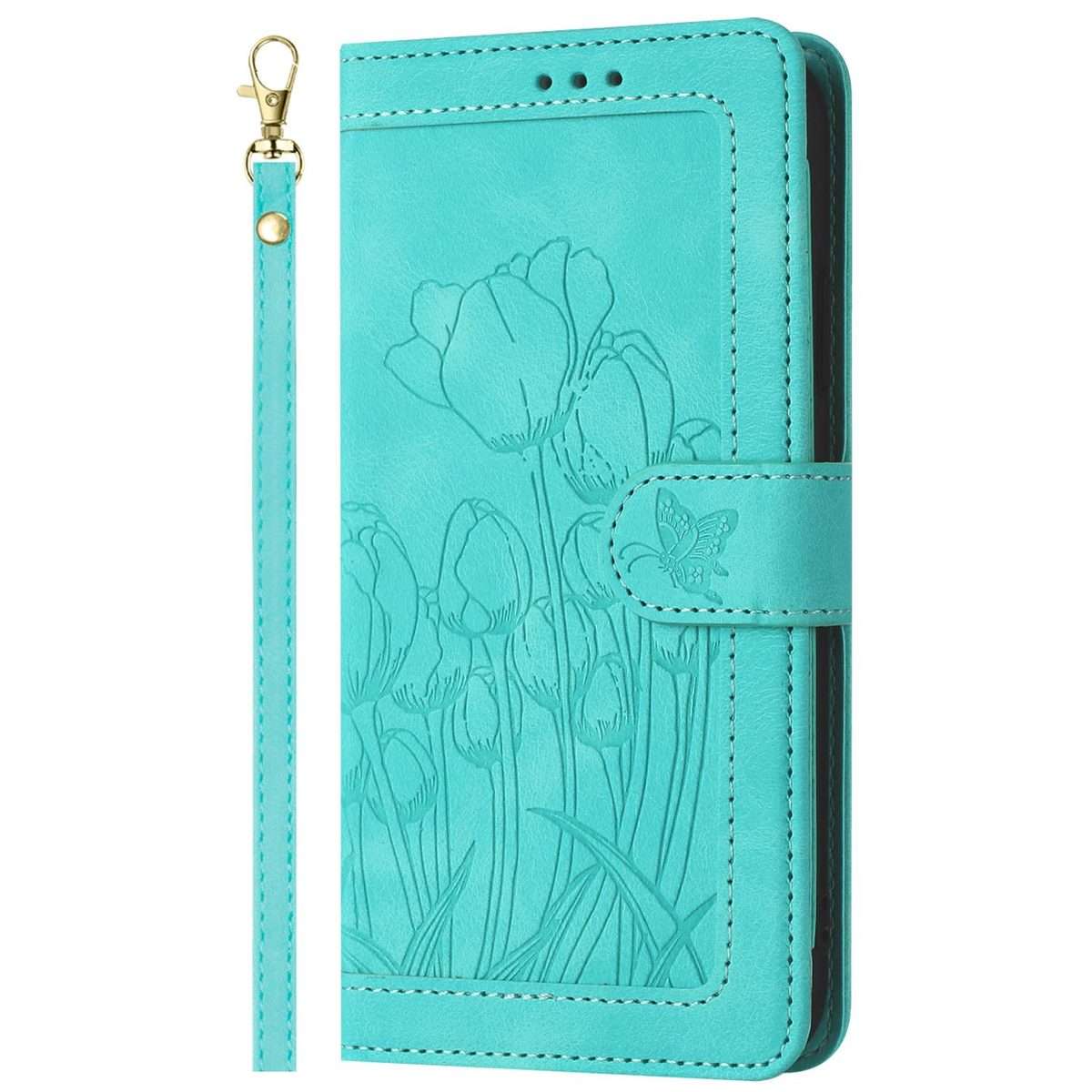 For Redmi Note 14 Pro+ 5G Tulips Embossed Leather Phone Case with Lanyard(Green)