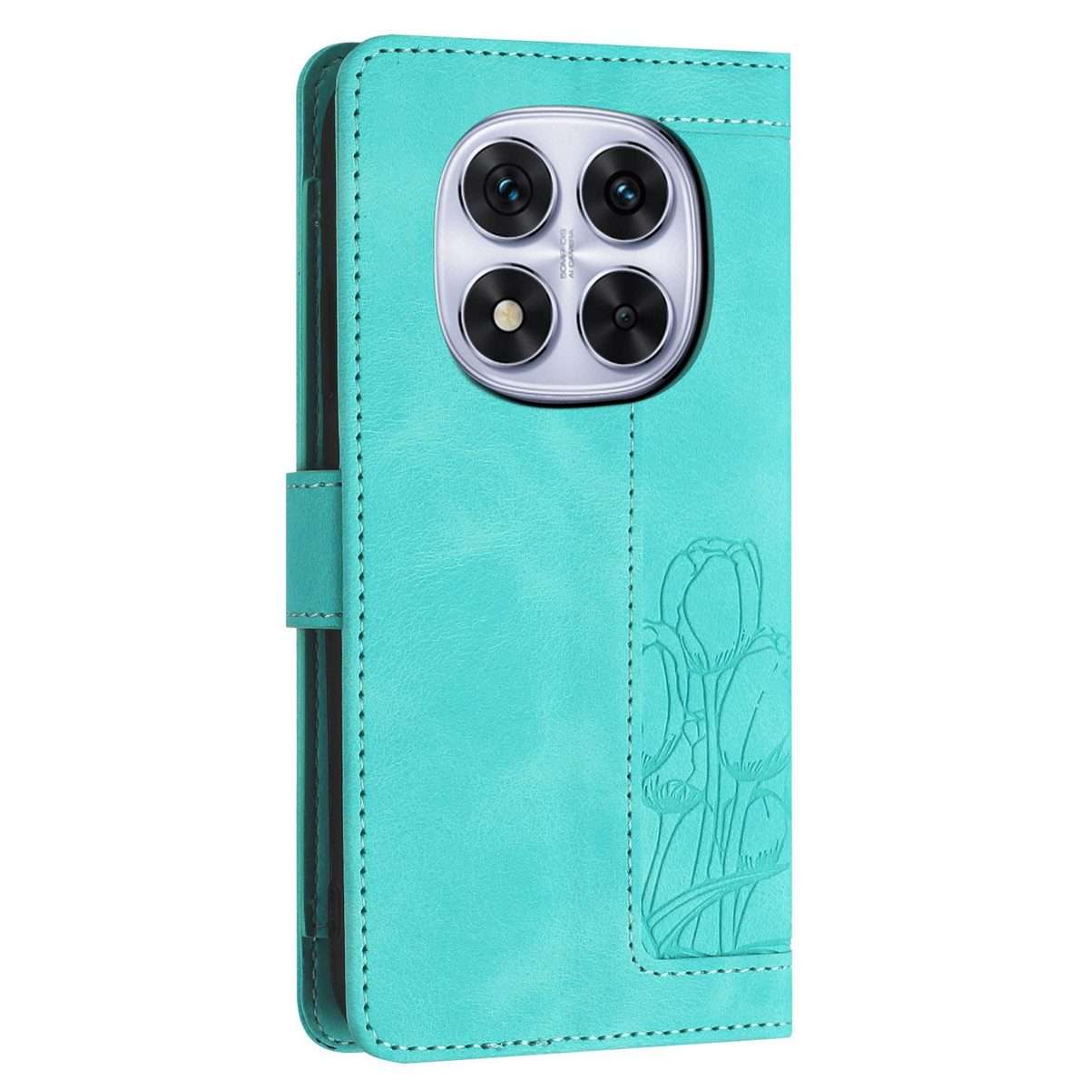 For Redmi Note 14 Pro+ 5G Tulips Embossed Leather Phone Case with Lanyard(Green)