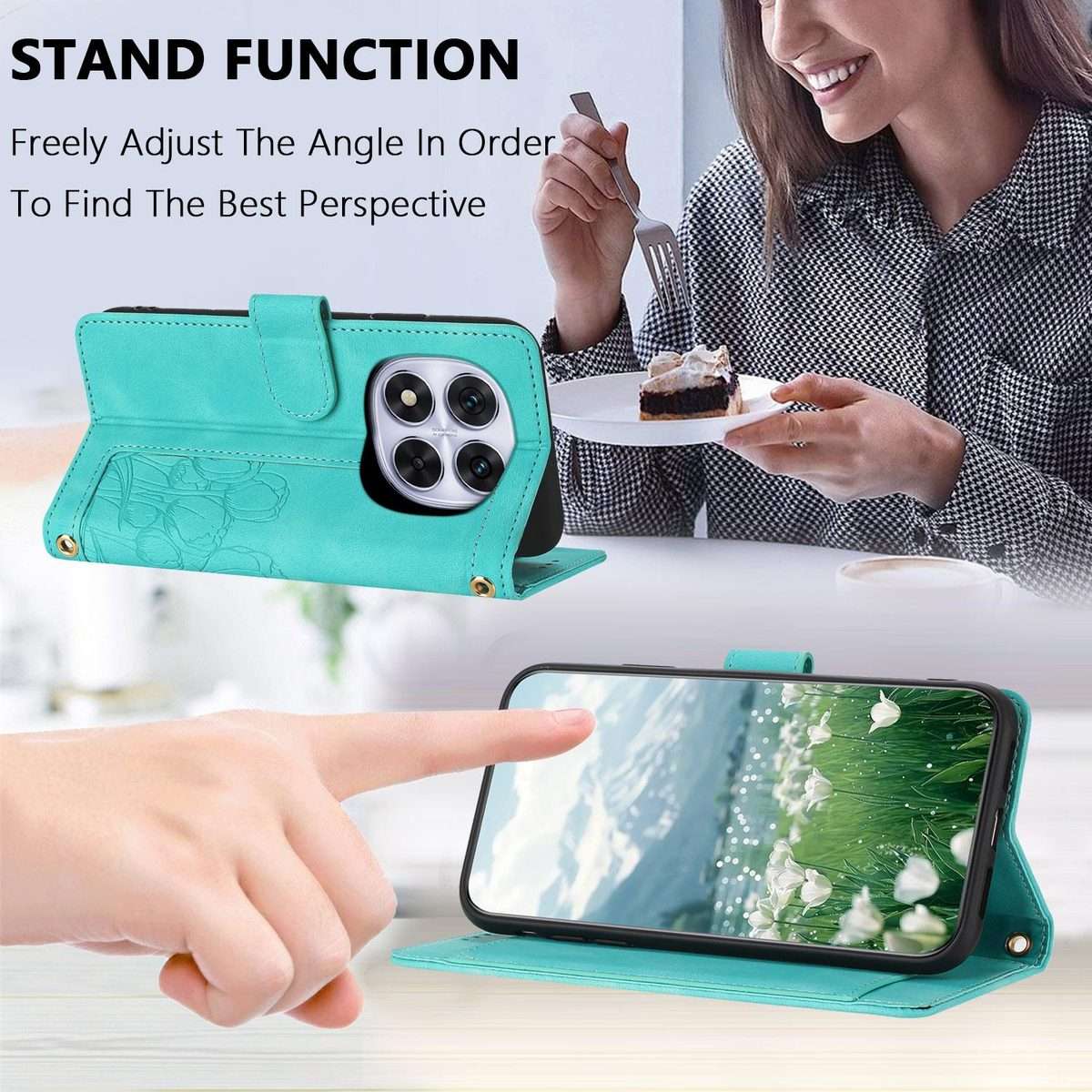For Redmi Note 14 Pro+ 5G Tulips Embossed Leather Phone Case with Lanyard(Green)