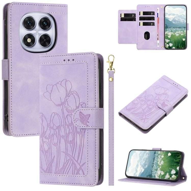 For Redmi Note 14 Pro+ 5G Tulips Embossed Leather Phone Case with Lanyard(Purple)