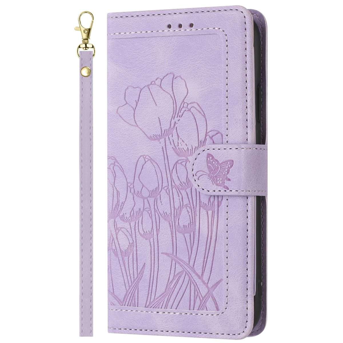 For Redmi Note 14 Pro+ 5G Tulips Embossed Leather Phone Case with Lanyard(Purple)