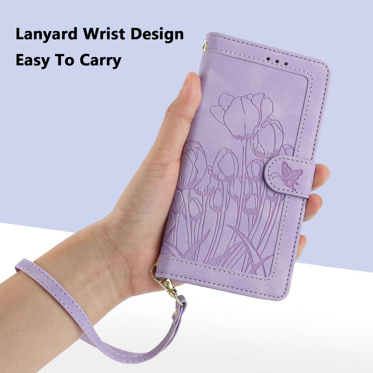 For Redmi Note 14 Pro+ 5G Tulips Embossed Leather Phone Case with Lanyard(Purple)