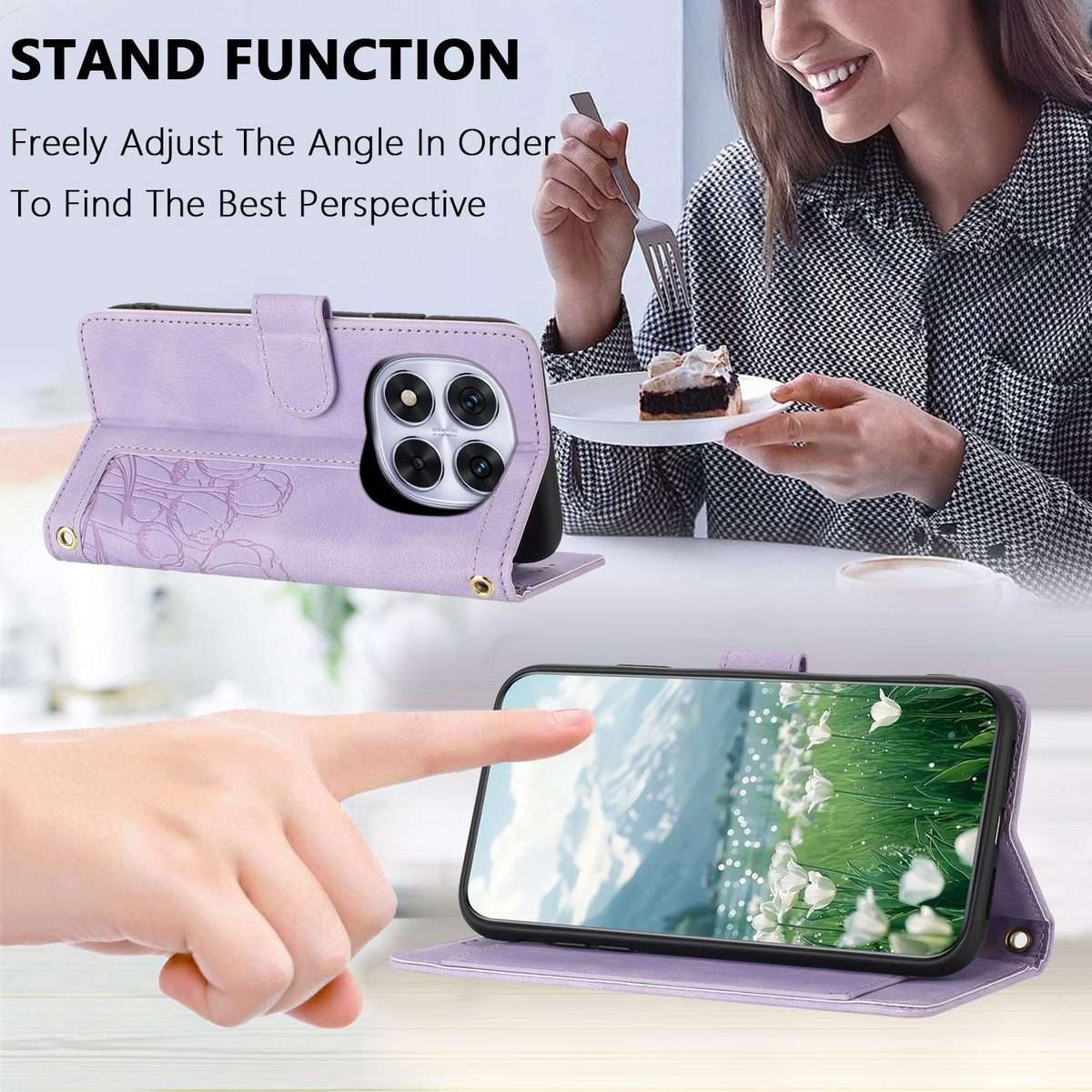 For Redmi Note 14 Pro+ 5G Tulips Embossed Leather Phone Case with Lanyard(Purple)