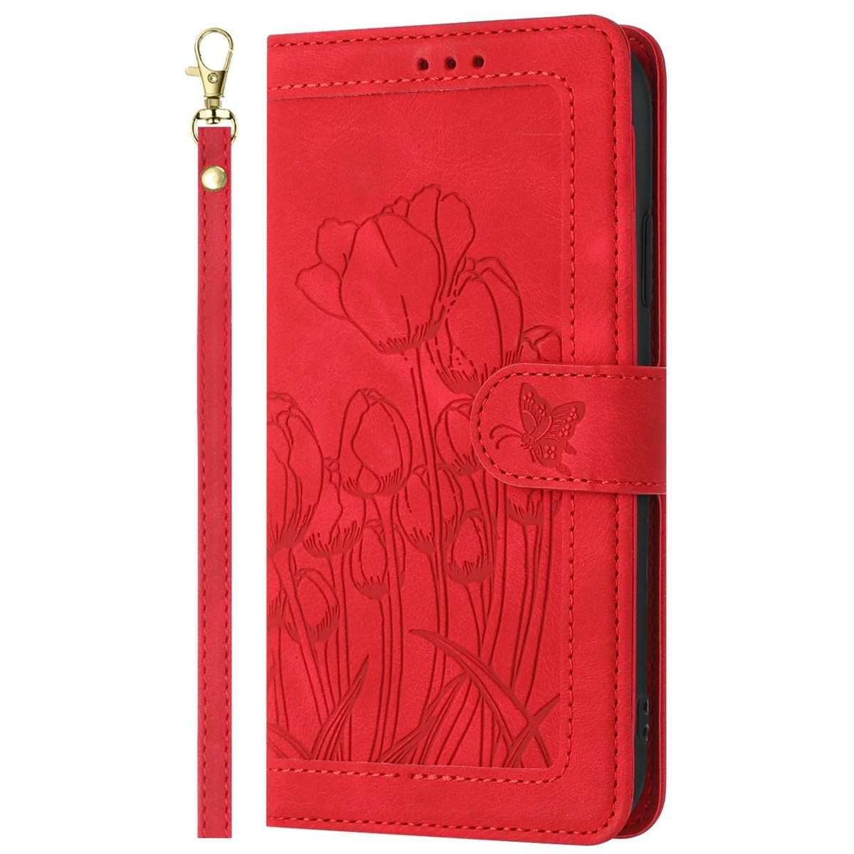 For Redmi Note 14 Pro+ 5G Tulips Embossed Leather Phone Case with Lanyard(Red)