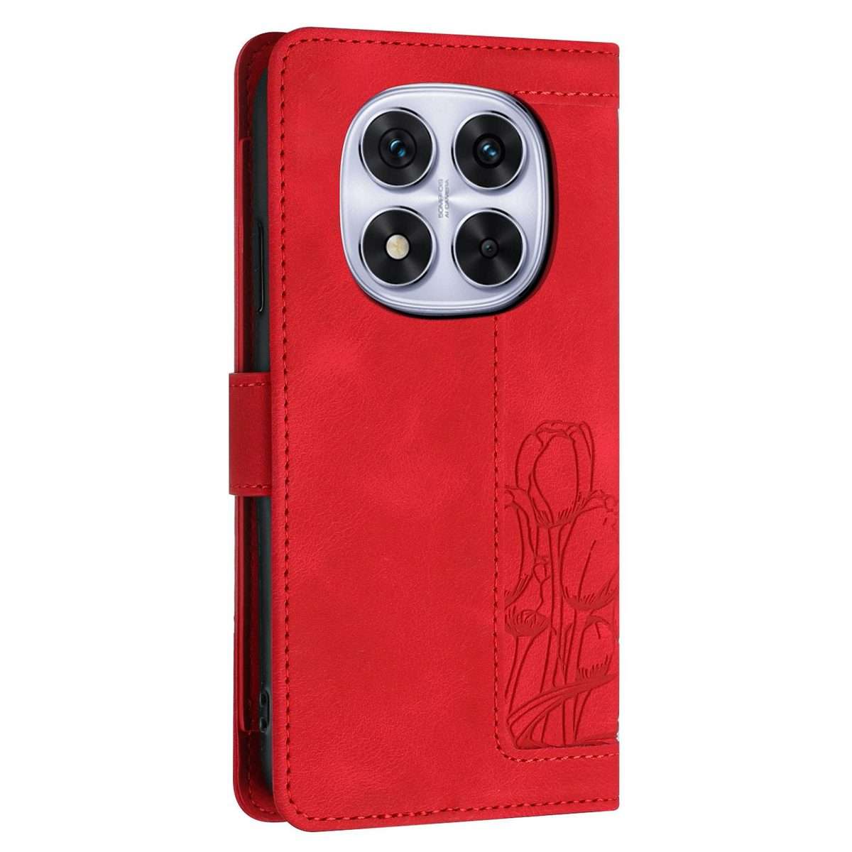 For Redmi Note 14 Pro+ 5G Tulips Embossed Leather Phone Case with Lanyard(Red)