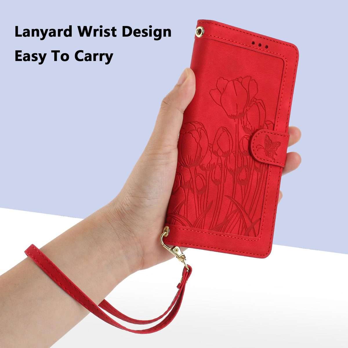 For Redmi Note 14 Pro+ 5G Tulips Embossed Leather Phone Case with Lanyard(Red)