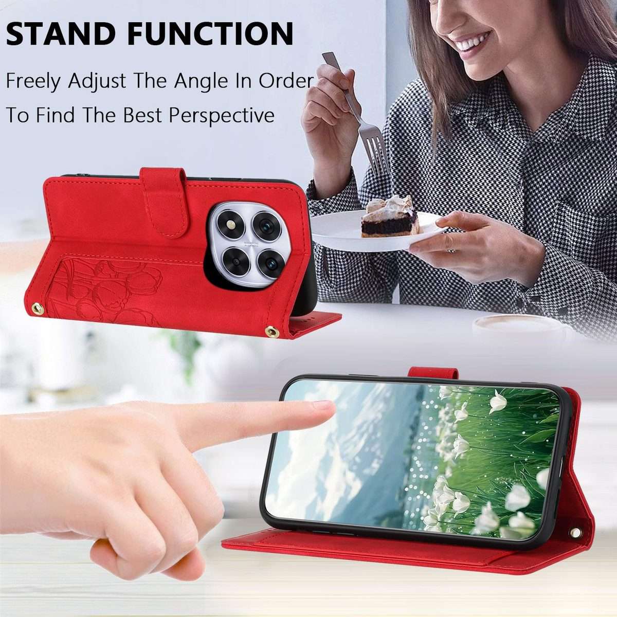 For Redmi Note 14 Pro+ 5G Tulips Embossed Leather Phone Case with Lanyard(Red)