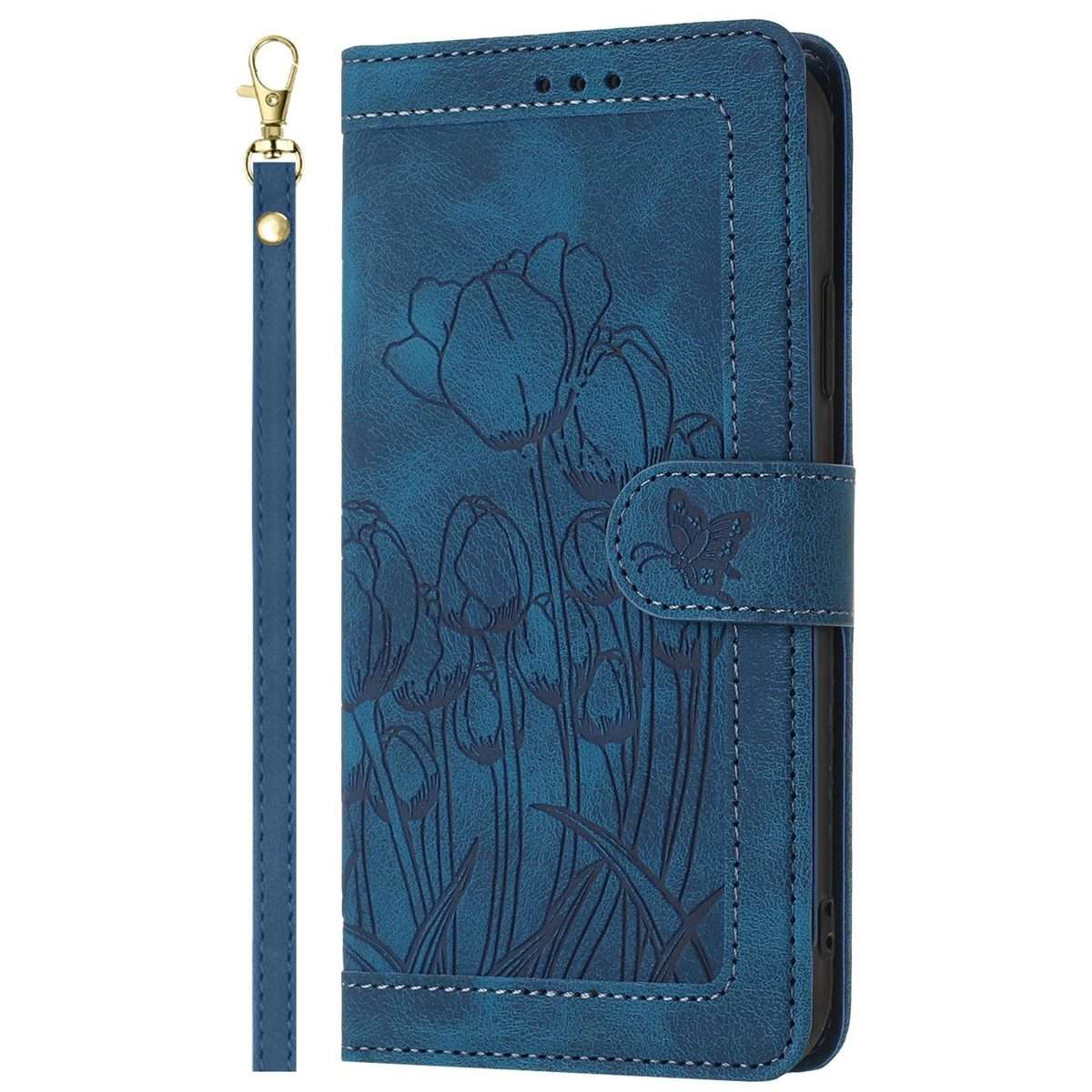 For Redmi Note 14 Pro+ 5G Tulips Embossed Leather Phone Case with Lanyard(Blue)