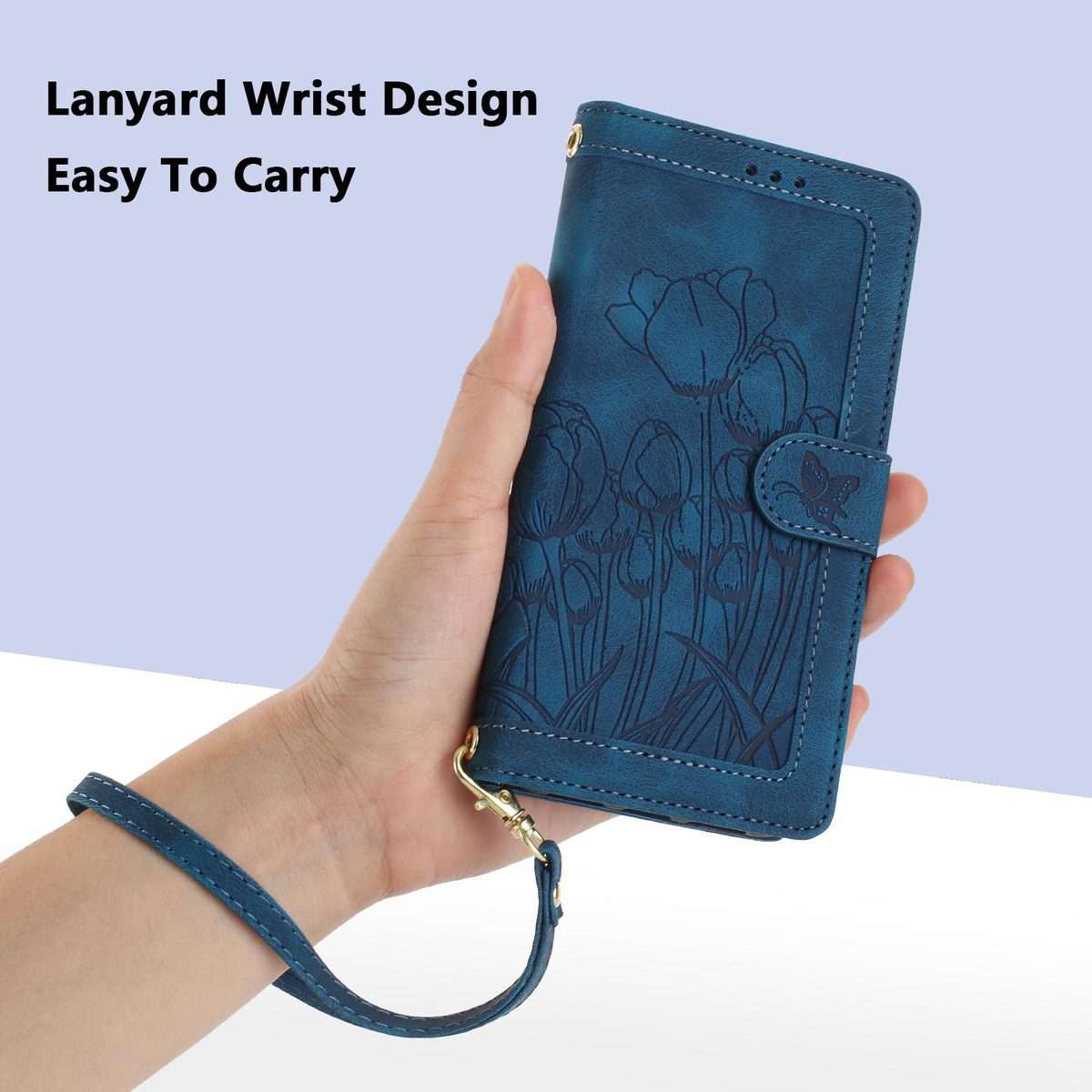 For Redmi Note 14 Pro+ 5G Tulips Embossed Leather Phone Case with Lanyard(Blue)