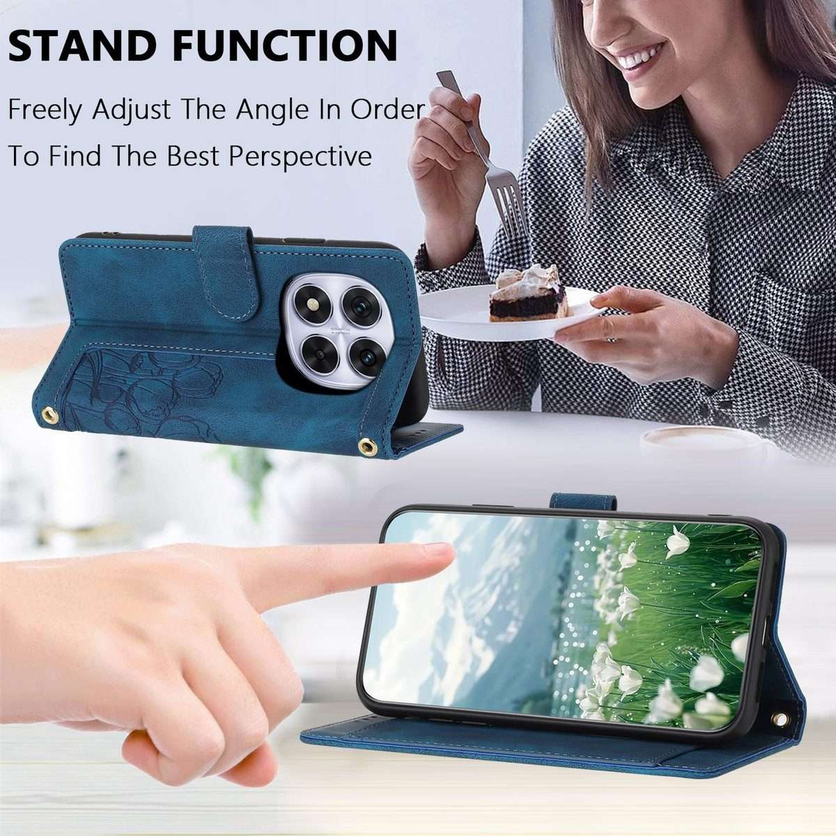 For Redmi Note 14 Pro+ 5G Tulips Embossed Leather Phone Case with Lanyard(Blue)