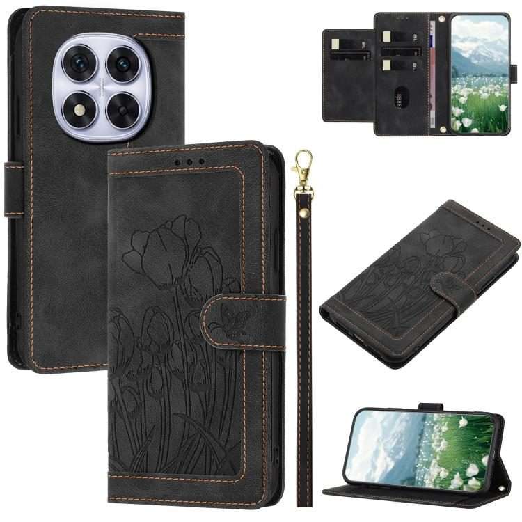 For Redmi Note 14 Pro+ 5G Tulips Embossed Leather Phone Case with Lanyard(Black)