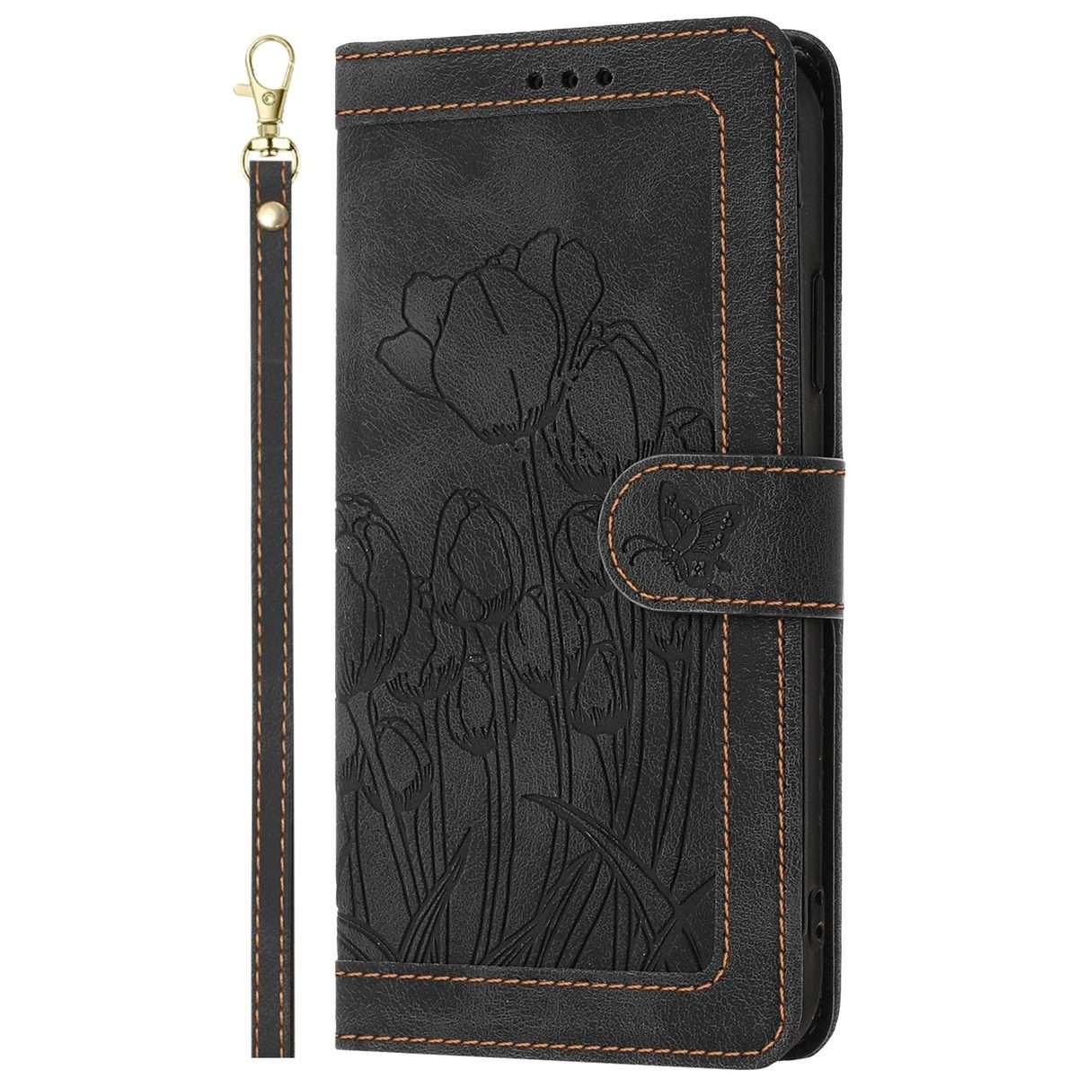 For Redmi Note 14 Pro+ 5G Tulips Embossed Leather Phone Case with Lanyard(Black)