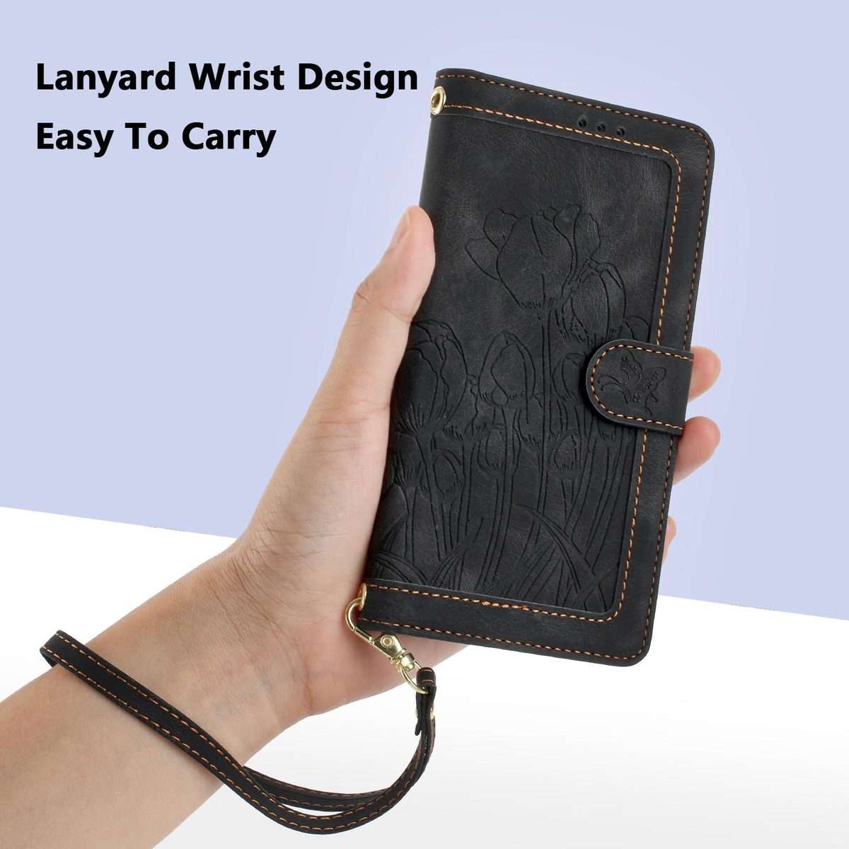 For Redmi Note 14 Pro+ 5G Tulips Embossed Leather Phone Case with Lanyard(Black)