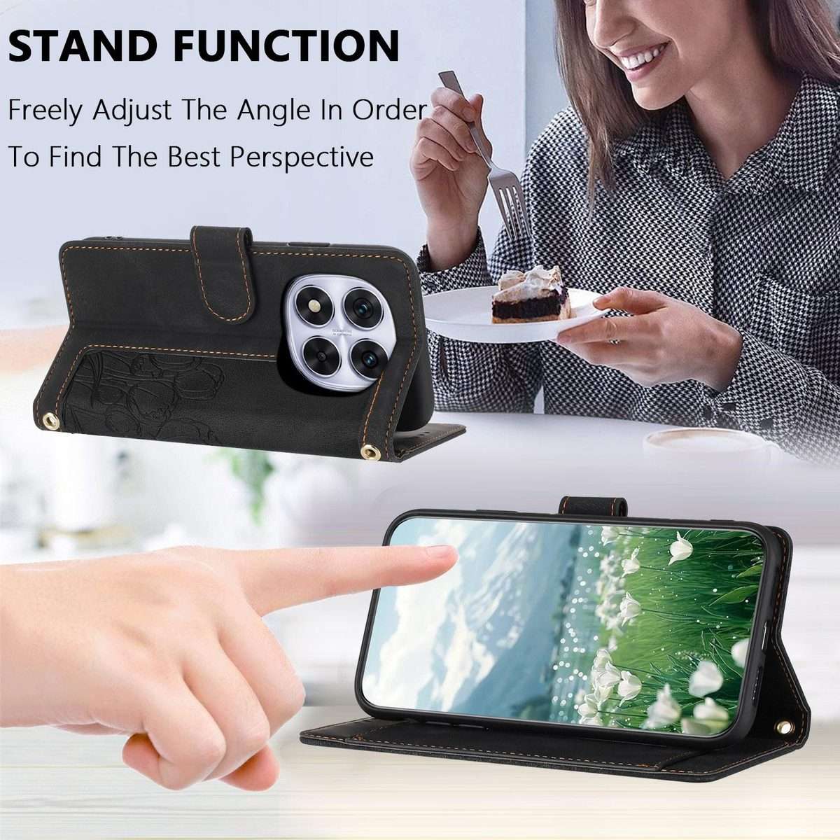 For Redmi Note 14 Pro+ 5G Tulips Embossed Leather Phone Case with Lanyard(Black)
