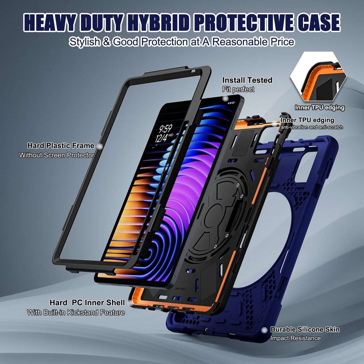 For Xiaomi Pad 7 / 7 Pro Rotatable Holder Silicone Hybrid PC Tablet Case with Shou ... (Navy Blue)