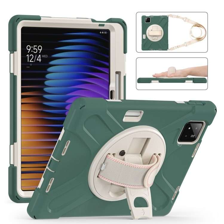 For Xiaomi Pad 7 / 7 Pro Rotatable Holder Silicone Hybrid PC Tablet Case with ... (Emreald Green)