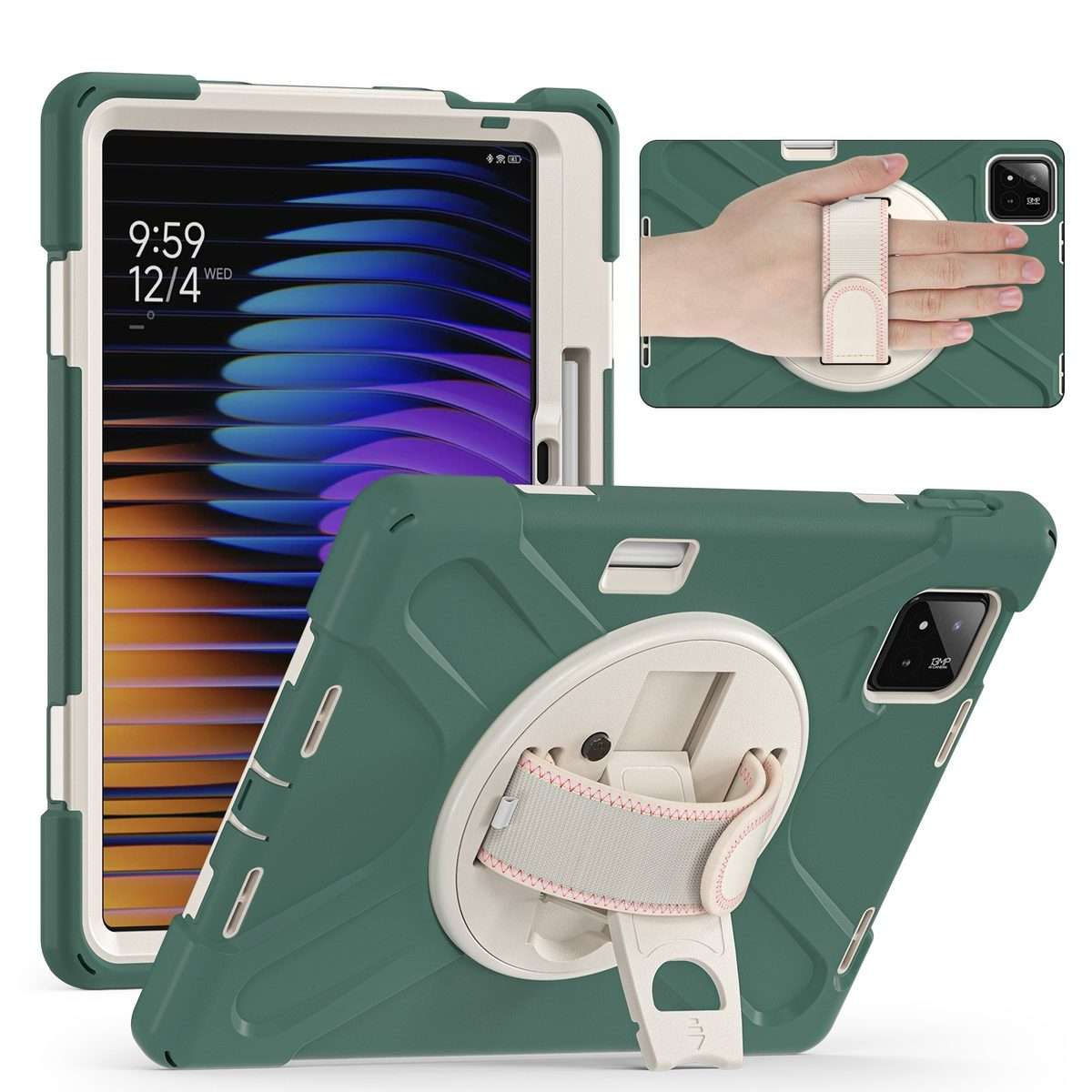For Xiaomi Pad 7 / 7 Pro Rotatable Holder Silicone Hybrid PC Tablet Case with ... (Emreald Green)