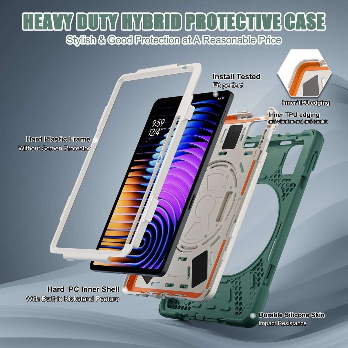 For Xiaomi Pad 7 / 7 Pro Rotatable Holder Silicone Hybrid PC Tablet Case with ... (Emreald Green)