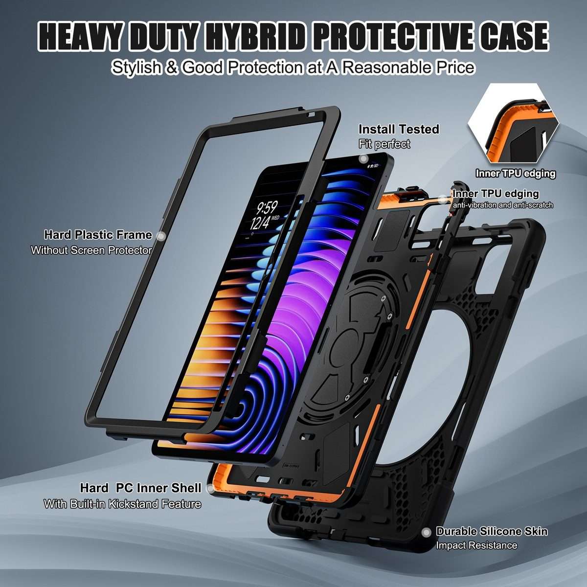 For Xiaomi Pad 7 / 7 Pro Rotatable Holder Silicone Hybrid PC Tablet Case with Shoulder ... (Black)