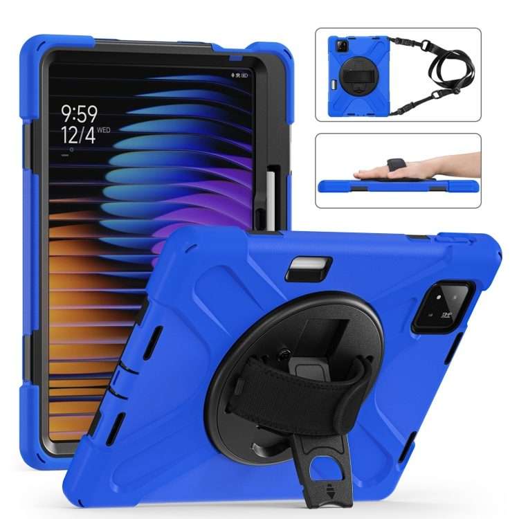 For Xiaomi Pad 7 / 7 Pro Rotatable Holder Silicone Hybrid PC Tablet Case with Shoulder Strap(Blue)