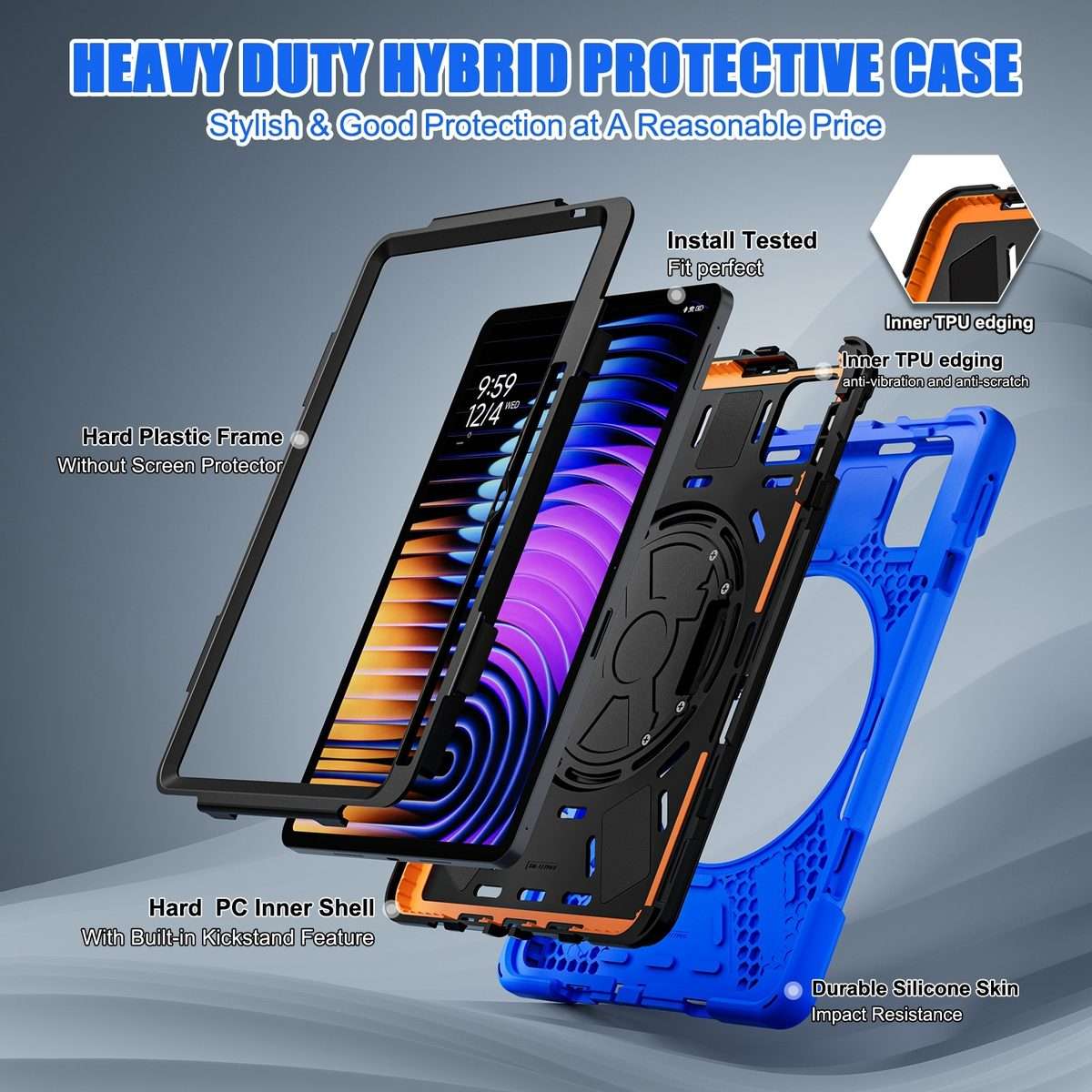 For Xiaomi Pad 7 / 7 Pro Rotatable Holder Silicone Hybrid PC Tablet Case with Shoulder Strap(Blue)