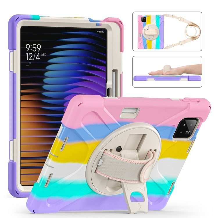 For Xiaomi Pad 7 / 7 Pro Rotatable Holder Silicone Hybrid PC Tablet Case with ... (Colorful Pink)