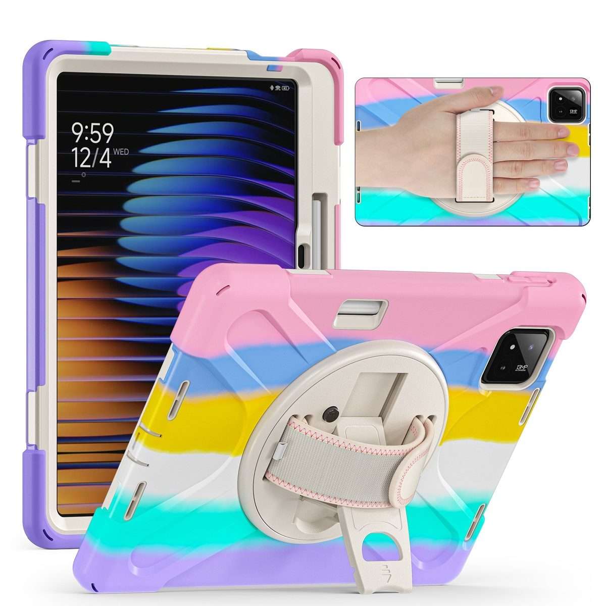 For Xiaomi Pad 7 / 7 Pro Rotatable Holder Silicone Hybrid PC Tablet Case with ... (Colorful Pink)